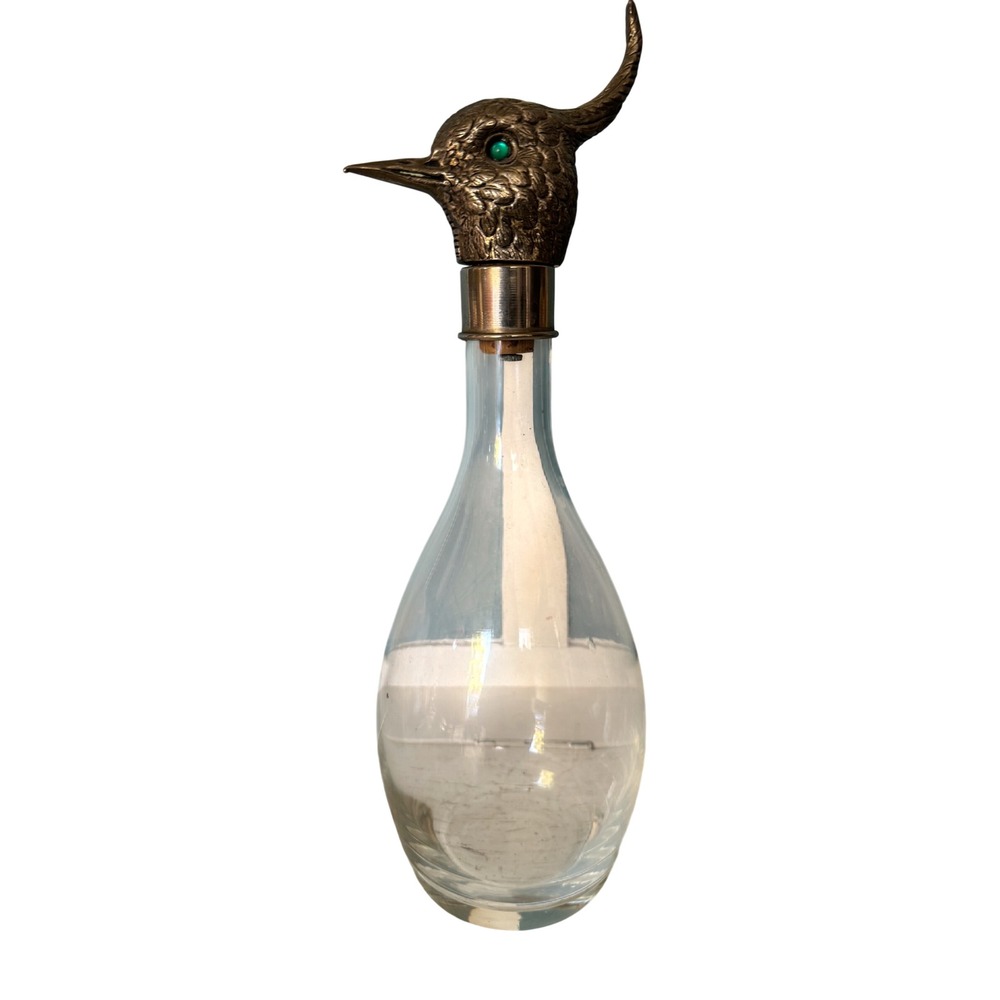 Vintage Glass Decanter with Bird Head Stopper Green Rhinestone Eyes Barware
